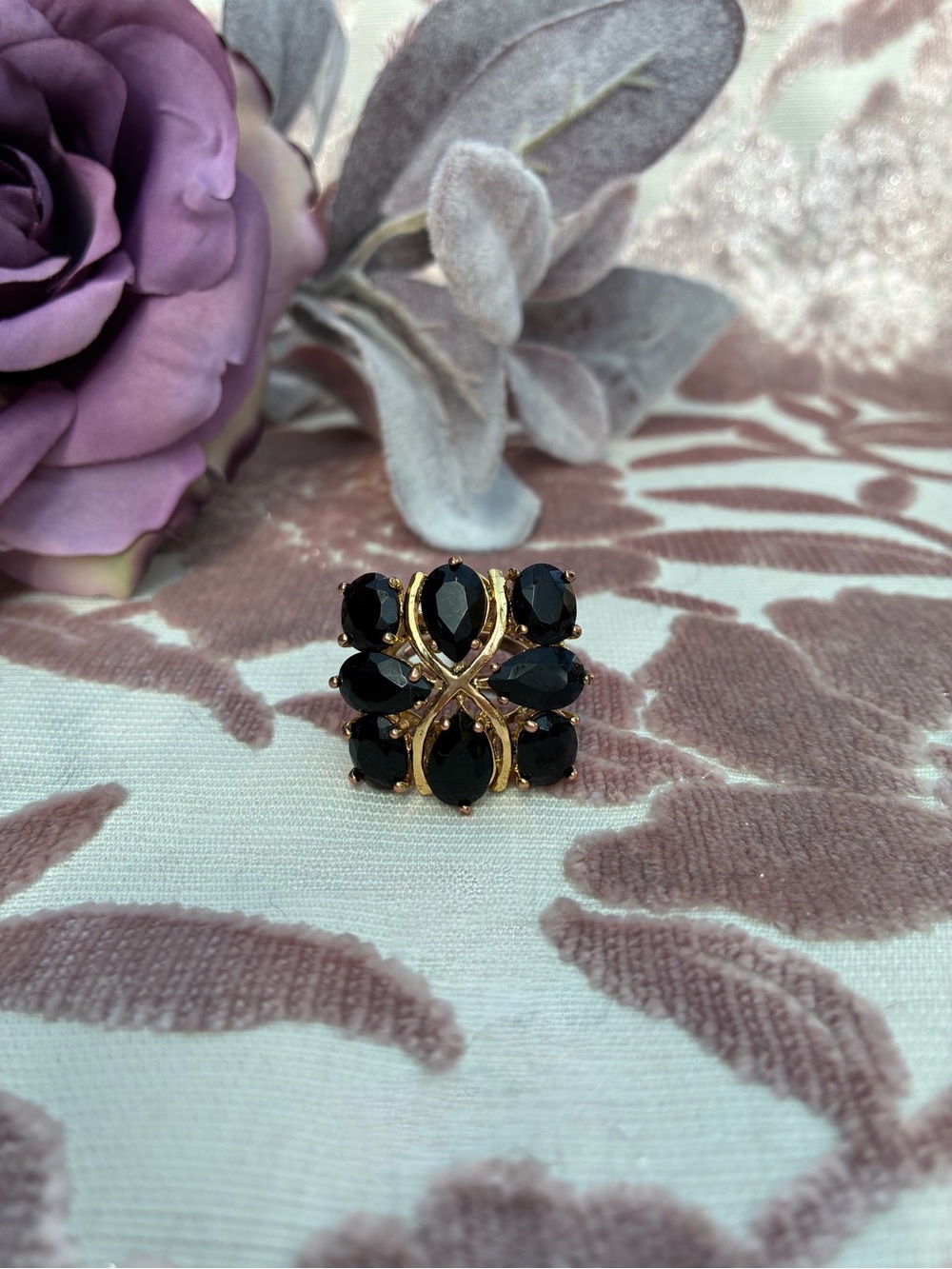 Gold Ring with Black Gemstones - Elegant Women's Fashion Jewelry